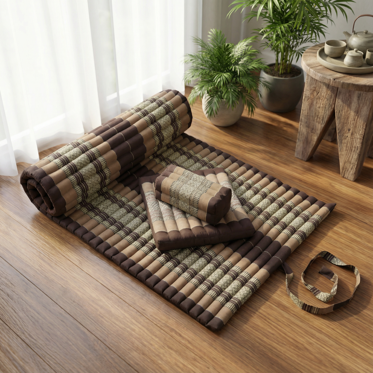 Thaimatten Set: Rollmatte 200x100 + Kissen 35x15x10 + Sitzkissen 40x40 (Thaimuster braun-beige)