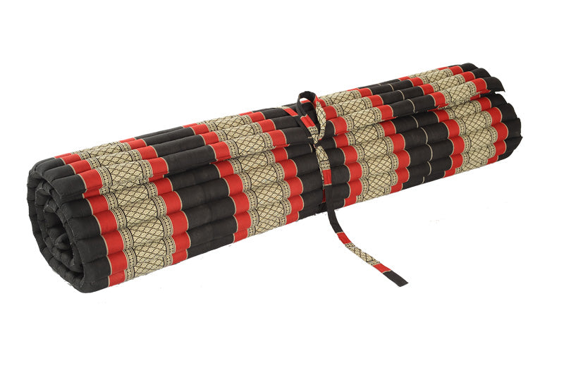 Rollbare Thaimatte aus Kapok XXL 200 × 150–160 cm – Bodenmatratze (Schwarz & Rot)