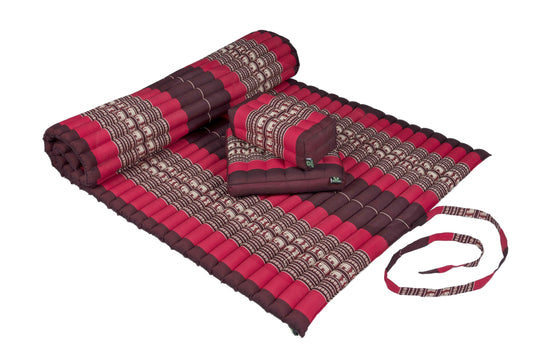 Thaimatten Set: Rollmatte + Kissen + Sitzkissen (Elefanten rot)