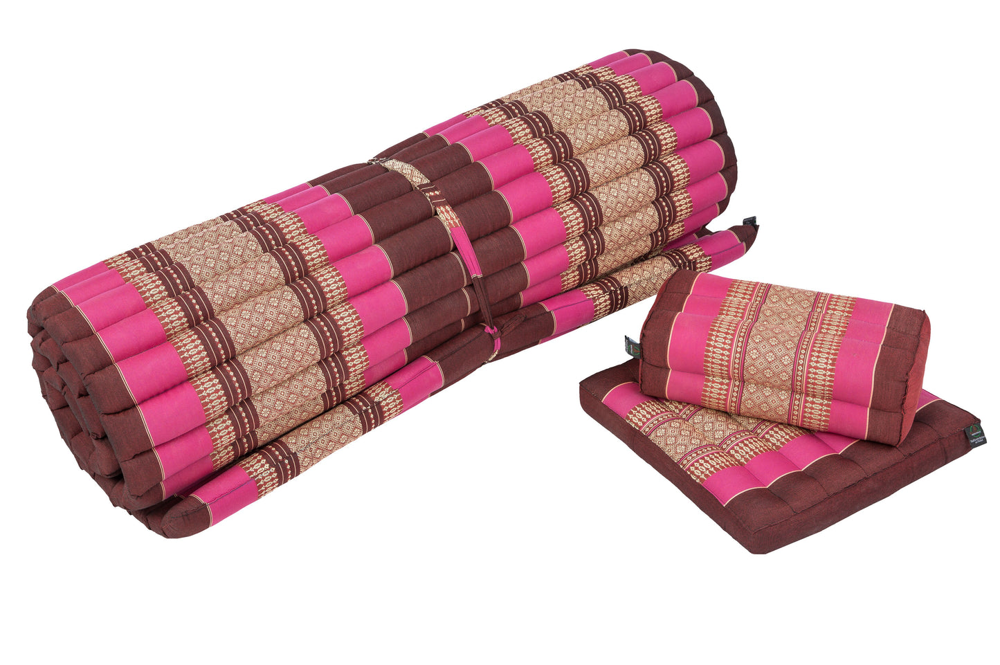 Thaimatten Set: Rollmatte + Kissen + Sitzkissen (burgunder & pink)