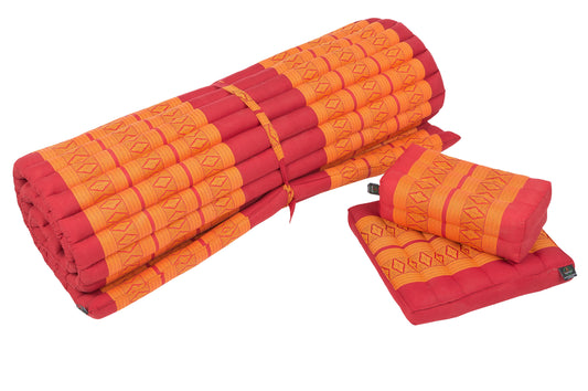 Set: Rollmatte + Kissen + Sitzkissen (rot & orange)
