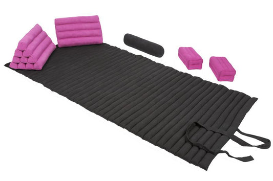Set: Rollmatte + Bolster + 2 Dreiecke + 2 Kissen (schwarz&pink)