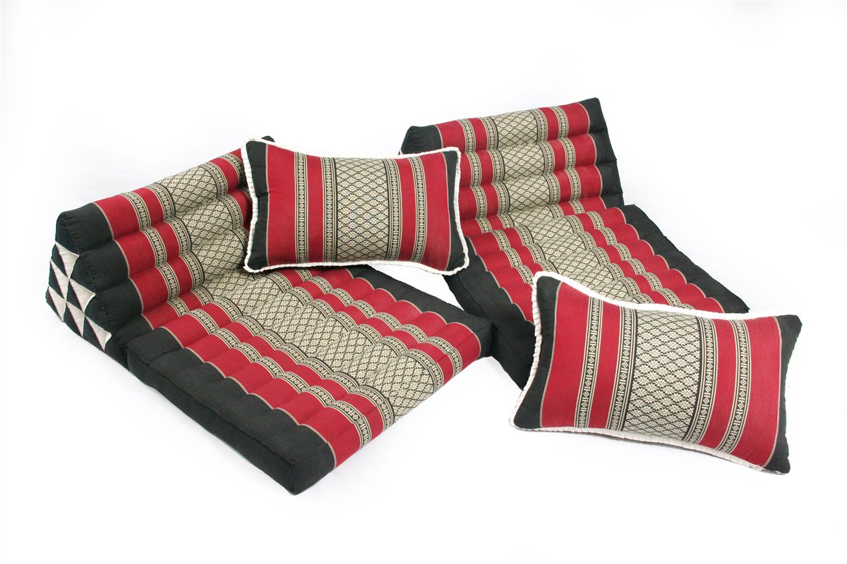 Thaikissen Set: 2 Dreieckskissen + 2 Sofakissen (schwarz-rot)