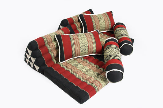 Thaikissen Set: 2 Dreiecksmatten + 2 Kissen + 2 Rollen (Schwarz & Rot))