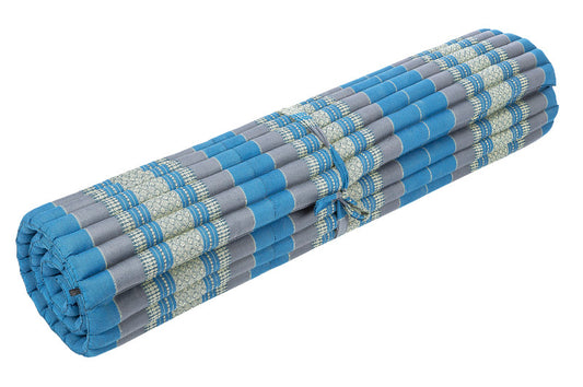 Rollbare Thaimatte aus Kapok XXL 200 × 150–160 cm – Bodenmatratze (Blautöne)