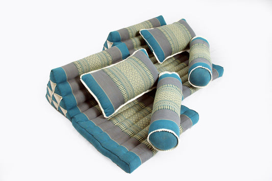 Thaikissen Set: 2 Dreiecksmatten + 2 Kissen + 2 Rollen (blau)