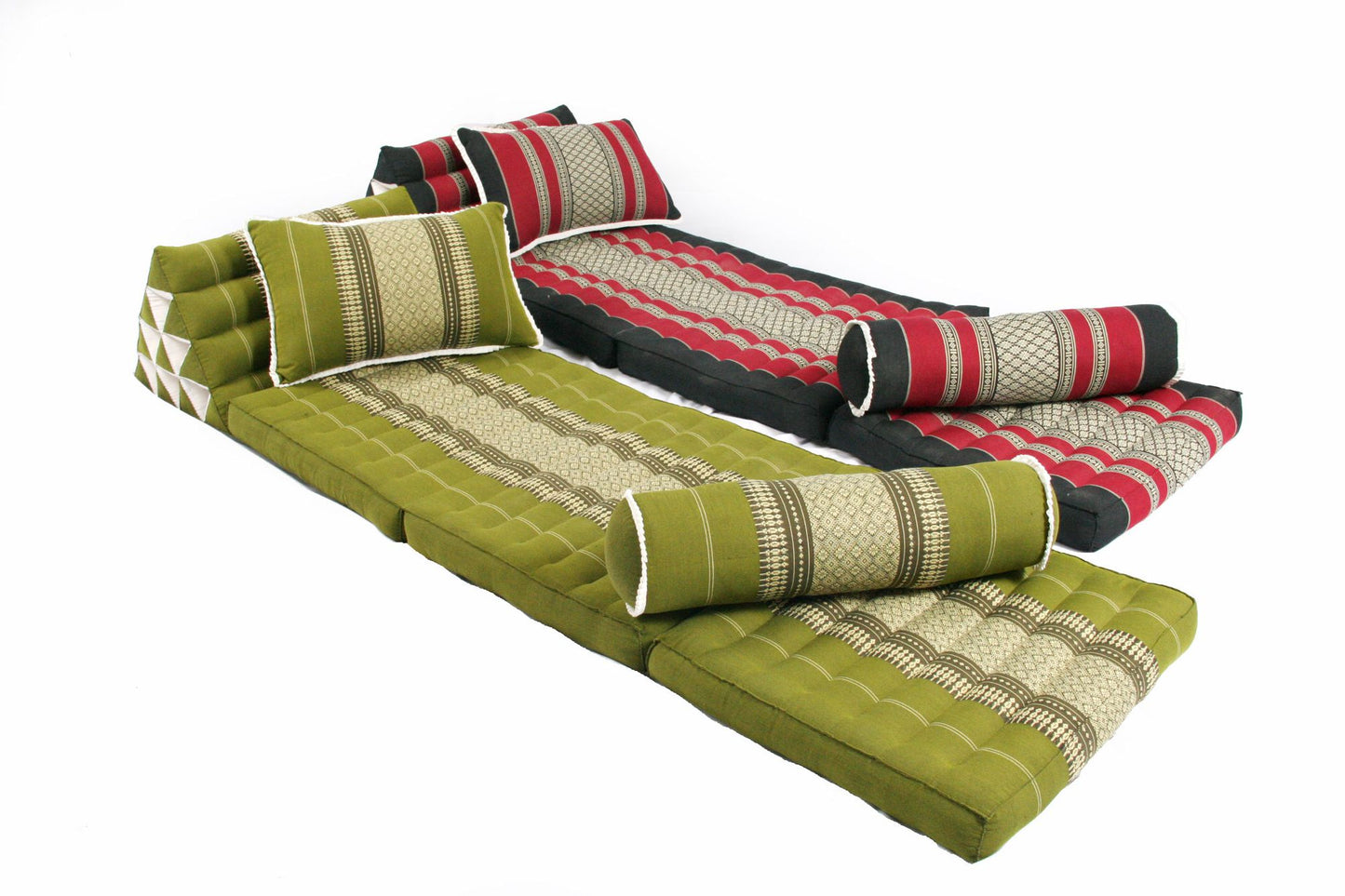 Set: 2x 3-Fold + 2x Kissen + 2x Kissenrolle (Thaimuster Bambusgrün & Schwarz-rot)