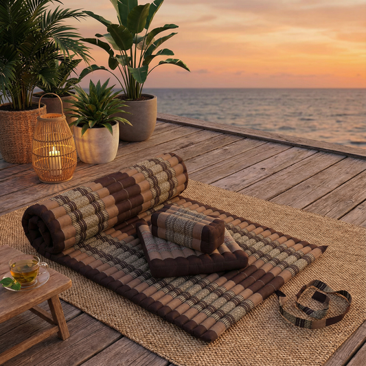 Thaimatten Set: Rollmatte 200x100 + Kissen 35x15x10 + Sitzkissen 40x40 (Thaimuster braun-beige)