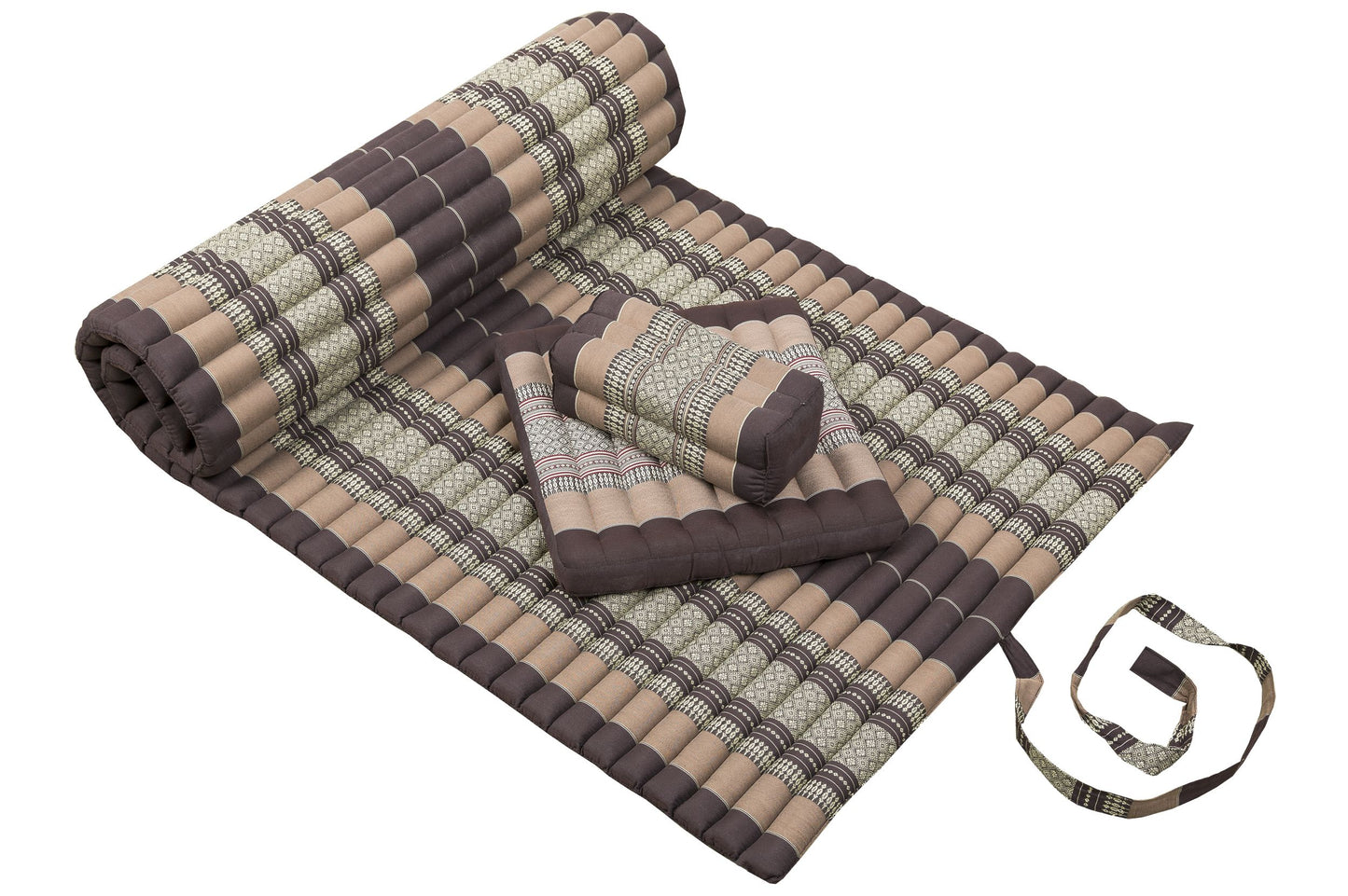 Thaimatten Set: Rollmatte 200x100 + Kissen 35x15x10 + Sitzkissen 40x40 (Thaimuster braun-beige)