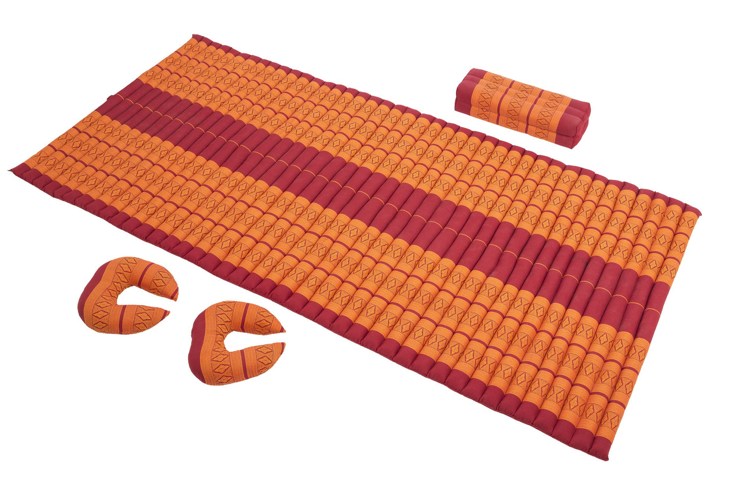 Set: Rollmatte + Kissen + 2 Hörnchen (Thaimuster rot-orange)